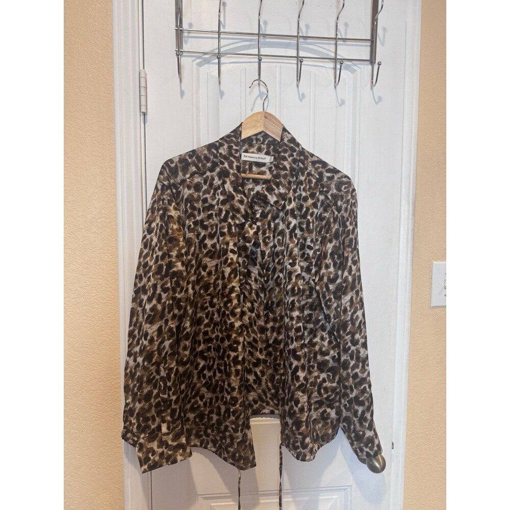 REBECCA MINKOFF Shirt Blouse Womens Size 3X Leopard Print Satin Button Up